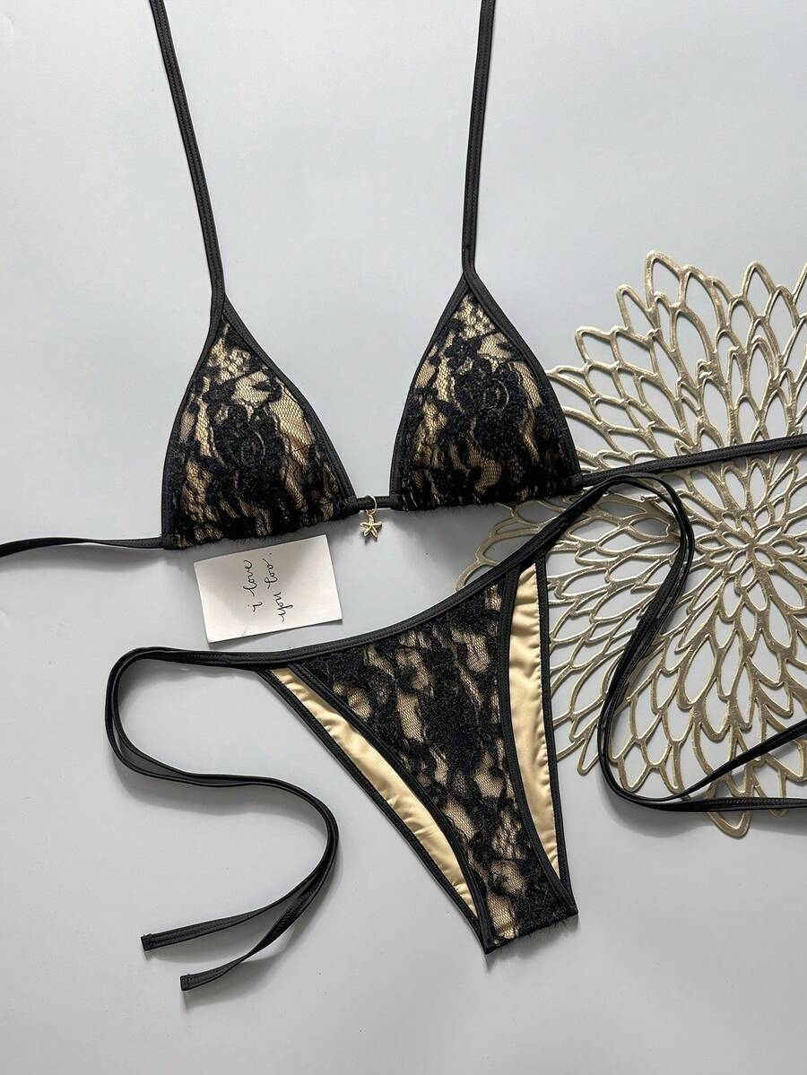 SHEIN Swim Vcay Bộ bikini hai mảnh dáng suông, dây mảnh, buộc hông, cạp cao, màu da, lót ren hoa nhiều màu sắc, kiểu dáng nghỉ mát, thích hợp cho mùa xuân/hè 2026. - màu đen - Xem 1