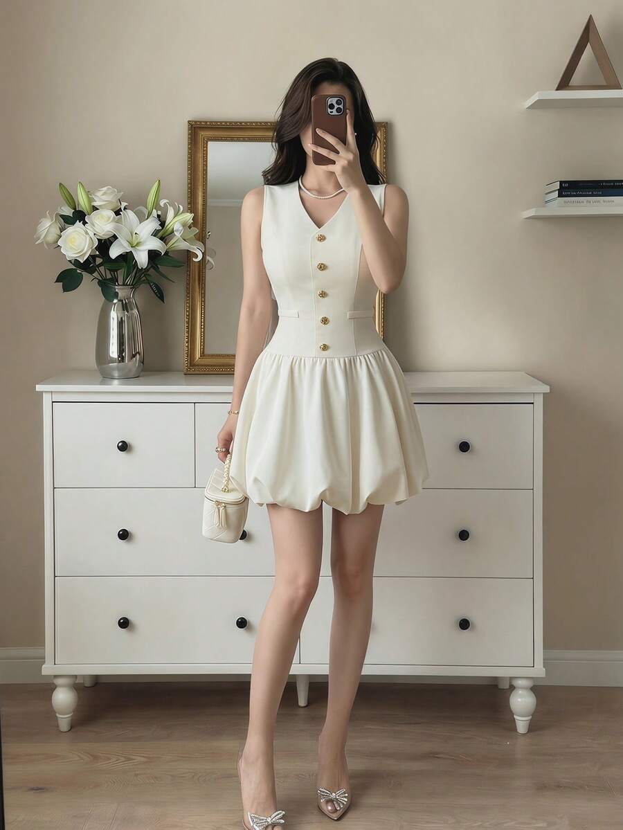 Feyla Women's Solid Color Metal Button V-Neck Sleeveless Mini Dress