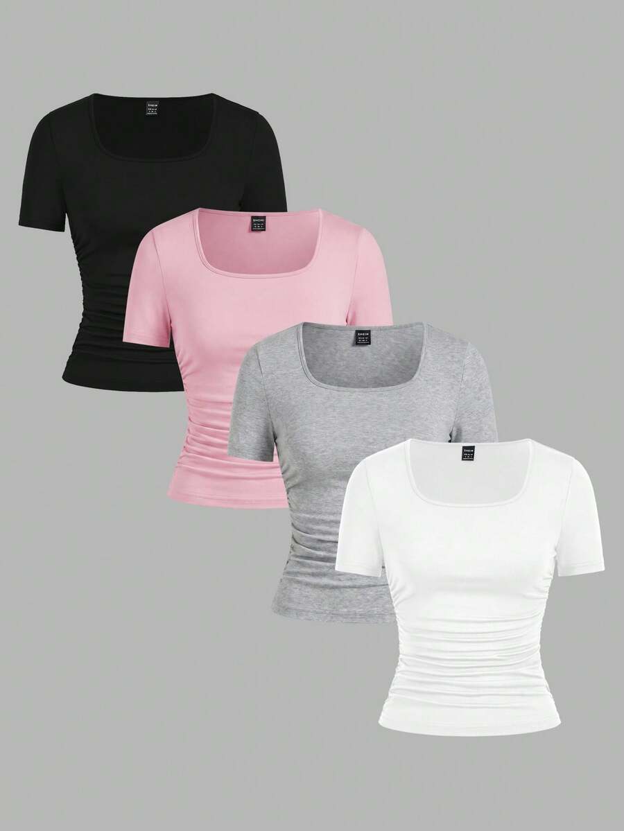SHEIN EZwear 4件/組休閒簡約純色舒適方領套頭短袖大尺碼女款T恤,適合春夏季 - 彩色 - 查看 1