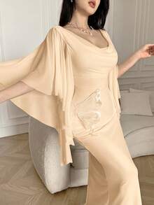 Feyla Damen Kleid mit Schmetterling Applikation, drapierter Ausschnitt, Glockenärmel, figurbetont, elegant - Aprikosenfarben - Übersicht 2