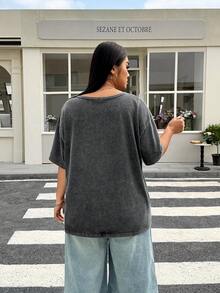 SHEIN EZwear Áo thun cổ chữ V tay ngắn rộng rãi, chất liệu cotton, màu đen, size lớn, giặt axit, mùa xuân/hè - màu đen - Xem 2