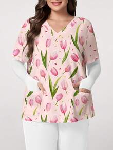 PopScrub Women's Plus Size Scrub Top,Fairy Tulip Floral Print V-Neck Short Sleeve Nurse Uniform With Pockets And Snap Front Design For Work Spring/Summer - Multicolor - View 1