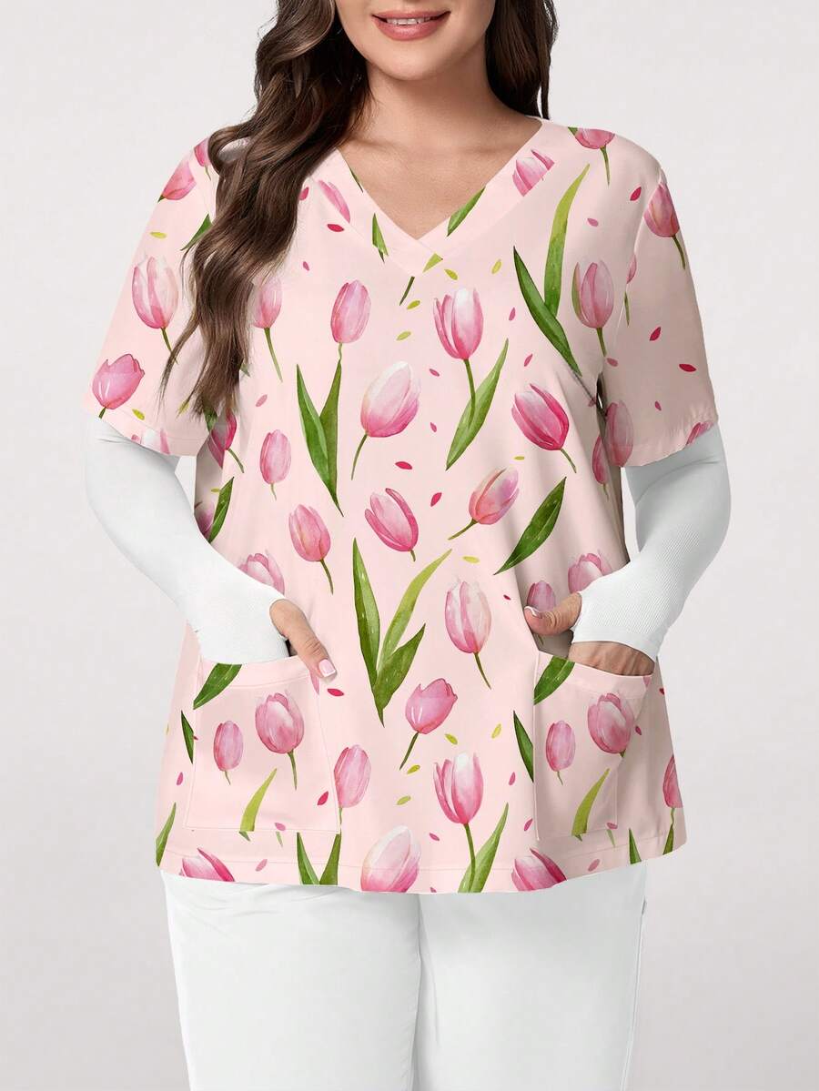 PopScrub Women's Plus Size Scrub Top,Fairy Tulip Floral Print V-Neck Short Sleeve Nurse Uniform With Pockets And Snap Front Design For Work Spring/Summer - Multicolor - View 1