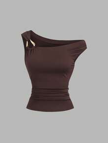 Sweetra 2pcs/Set Asymmetric Collar Fitted T-Shirt, Versatile Casual Top, Spring/Summer - Multicolor - View 3
