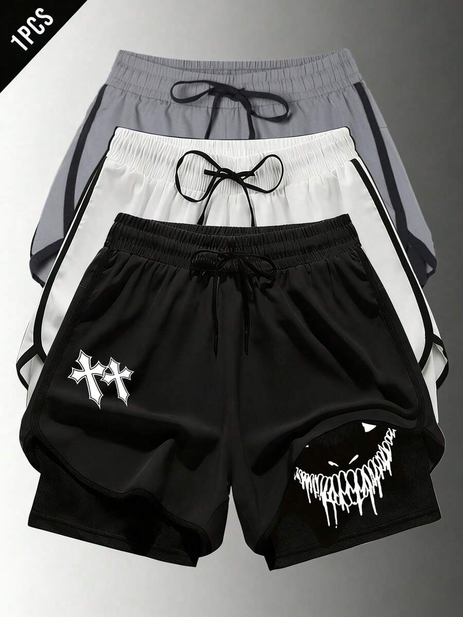 Gym Rark Men's 1pc Cross Print Drawstring Waist Double Layer Sports Shorts, Gym - Black - View 1