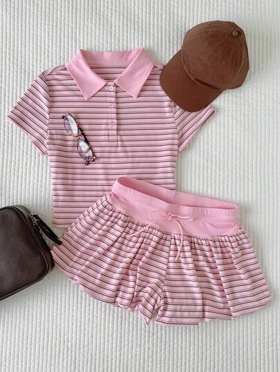 Comfortcana 2pcs Women Casual Striped Short Sleeve Top And Shorts Set
