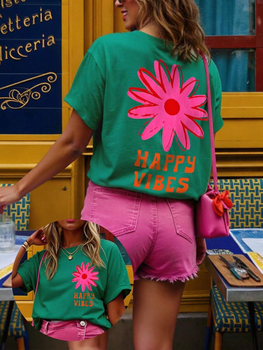 大码休闲花卉字母印花T恤 - 墨綠色 - 查看 1