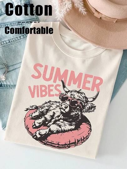 EMERY ROSE Women's Casual Fitted T-Shirt With Cute Sheep & English Letter Print, Western Cowboy Style, Summer