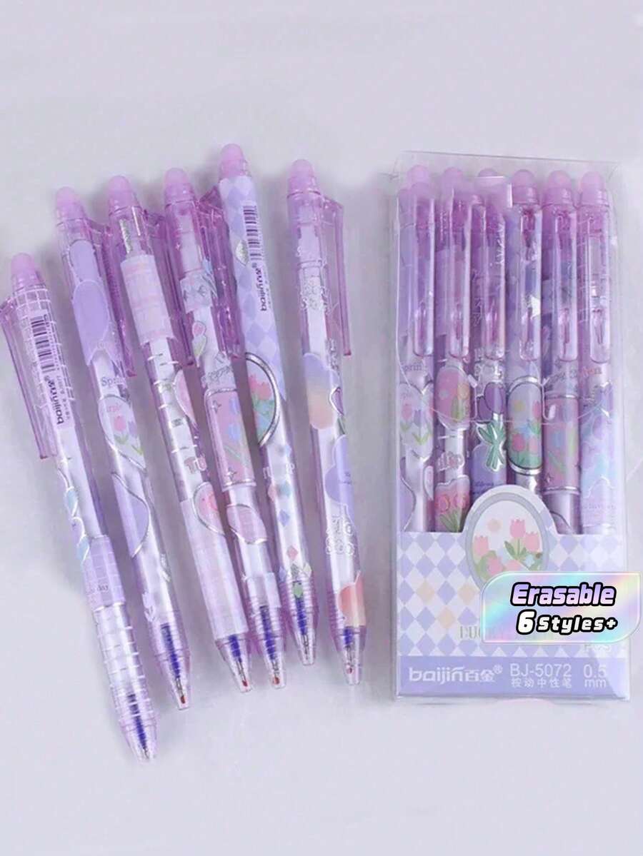 6pcs/Set Purple Tulip Erasable Neutral Pen With Cute Eraser, Stationery For Students Girls, Offices And Schools Back To School - Purple - View 1