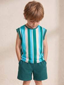 Maija Kids Maija Kids 2件組兒童/小男孩休閒條紋圓領短袖T恤與藍色短褲套裝，適合日常穿著、返校、運動，春夏季 - 彩色 - 查看 2