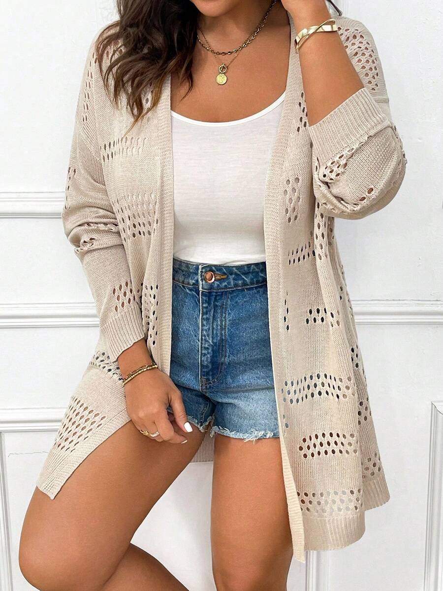 Calvaya Plus Size Women Solid Color Casual Versatile Daily Wear Cardigan - Apricot - View 1
