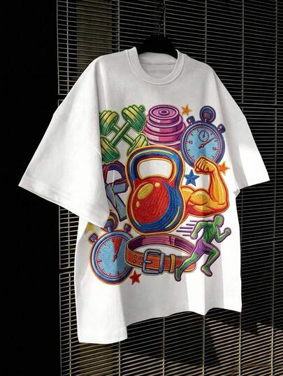 Sport MetroGents Camiseta deportiva casual de cuello redondo con estampado de reloj para hombres