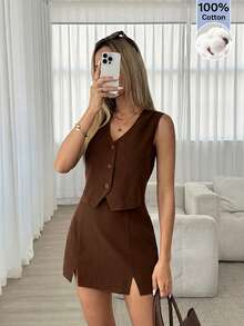 Easowa 女士时尚百搭简约纽扣吊带背心和休闲开衩迷你裙两件套 - 棕色 - 查看 2