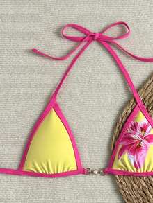 Swim Vcay Frauen Schwimm SXY Neuankömmling bedruckter Kontrast Farbe Spaghetti-Träger rückenfreies Mikro-Dreieck sexy Crop Top mit Metallperlen Dekor - Verschiedenfarbig - Übersicht 5