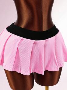 Women's Contrast Trim Sweetheart Neck Camisole And Mini Skirt Sexy 2 Pieces Set - Pink - View 7
