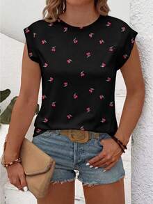 EMERY ROSE New Arrival Plus Size Women's Fashion Casual Versatile Cherry Print Round Neck Cap Sleeve T-Shirt - Multicolor - View 3