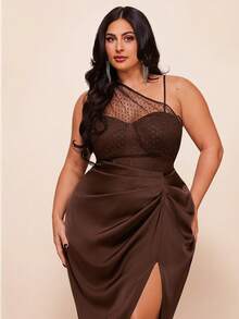 SHEIN BAE Vestido negro de malla con abertura y drapeado para mujer de talla grande - Marrón - Ver 5