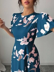 Elenzga 荷叶边袖圆领收腰数码印花优雅浪漫女装 - 彩色 - 查看 6