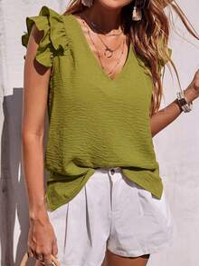 Selianne Blusa de mujer con mangas con volantes texturizados para resort - Verde militar - Ver 6