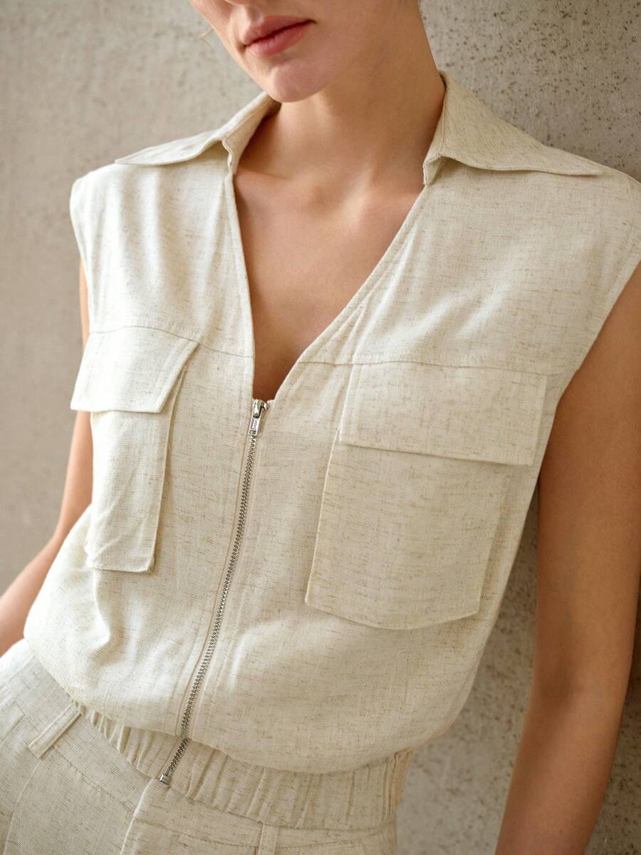 MOTF PREMIUM Áo blazer nữ không tay, dáng rộng, khóa kéo, eo chun, túi tiện dụng, kiểu dáng thanh lịch, thích hợp mặc đi làm. - Màu Khaki - Xem 2
