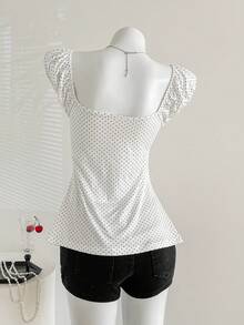 SHEIN EZwear Neuer Sommer Retro Französischer süßer Polka Punkt Quadrat Kragen Spitze Patchwork Schleife Vorne Casual T-Shirt für Frauen - Weiss - Übersicht 2