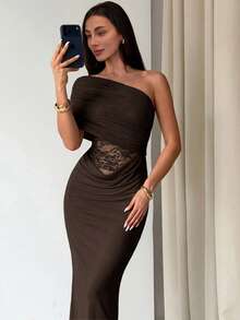Aloruh Elegant Dark Brown Summer Dress,One Shoulder Ruffle Mesh Lace Patchwork See-Through Waist Slim Fit,Dining Vacation Holiday Wedding Guest Beach Dress - Brown - View 6