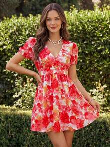 KARISMINA Vestido elegante de vacaciones con estampado floral y mangas de pétalos para mujer - Multicolor - Ver 4
