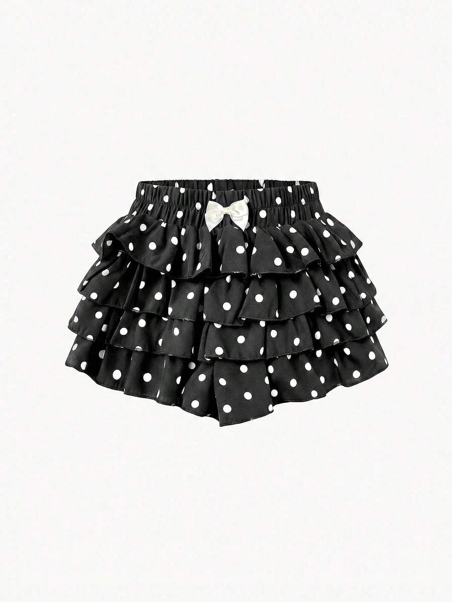 Maija Kids Maija Kids 女童春夏休闲蝴蝶装饰多层圆点印花蛋糕短裤 - 黑色 - 查看 1
