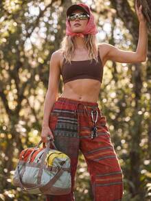 WanderVale Women's Outdoor Elastic Waist Tie Bohemian Style Printed Lantern Loose Wide Leg Casual Sports Pants - Red - View 1