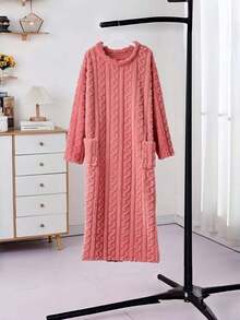 Bata gruesa y cálida para mujer en invierno, bata de baño de felpa larga, ropa de estar en casa con bolsillos, bata de estar en casa suave y esponjosa, camisón holgado y acogedor - Multicolor - Ver 8