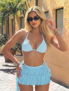 EgrlEra Bộ bikini 3 mảnh màu trơn dành cho nữ, kiểu dáng váy xòe, cổ yếm, hở lưng, gợi cảm, thích hợp cho kỳ nghỉ biển. - Màu xanh nhạt - Xem 1