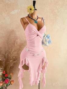 Soleia Women's Solid Color Twist Ruched Midi Slip Dress, Fashionable For Dates And Parties,Party Dresses For Women - Baby Pink - View 10