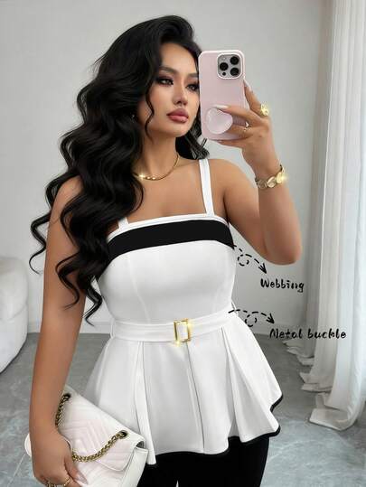 Elenzga Áo camisole không dây dành cho nữ cỡ lớn, thời trang xuân/hè, kiểu dáng công sở, phối màu khối, có cúc và vạt xòe xẻ tà.
