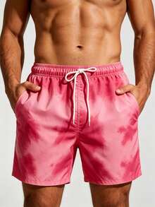 Manfinity Swimmode 夏季假期男士淺粉色印花沙灘短褲，休閒度假夏威夷熱帶泳褲，適合女性情侶泳池度假 - 紅色 - 查看 5