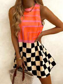 Silhoulove Plus Size Women Checkerboard Print Sleeveless Casual Dress - Multicolor - View 1