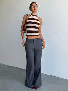 Aloruh Top de punto de rayas minimalista sin mangas, estilo universitario - Beis - Ver 3