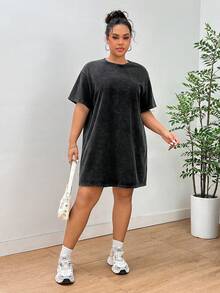 SHEIN EZwear 大码女式休闲宽松酸洗复古T恤连衣裙，百搭日常穿着，适合返校季、夏季至初秋穿着 - 黑色 - 查看 6