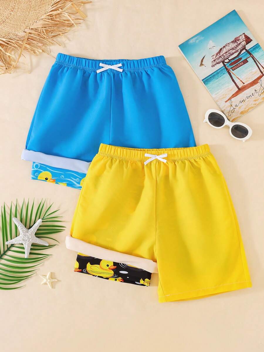 Teen Boy Bow Decor Elastic Waist Swim Trunks - Multicolor - View 1