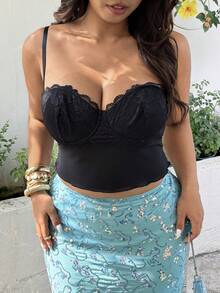 GalTyme Plus Size Women Summer Sexy Solid Color Lace Patchwork Camisole Top - Black - View 6