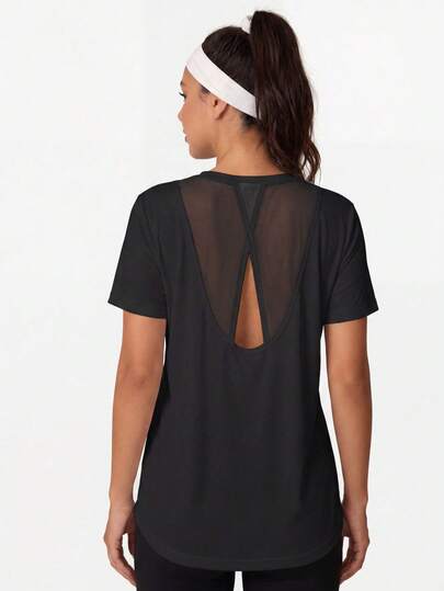 Eassivo Eassivo Camiseta deportiva de manga corta holgada con parches de malla y espalda hueca, adecuada para uso diario casual, correr, yoga, gimnasio, tenis, golf, primavera/verano/otoño, talla grande para mujer