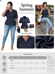 Elenzga Plus Size Women's Solid Color Fashionable Office Short Sleeve Blouse - Navy Blue - View 2