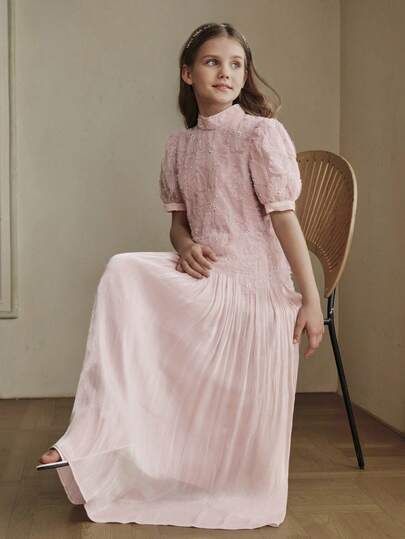 Anewsta Vestido elegante de niña con cuello mao, manga corta, con perlas bordadas y malla rosa, adecuado para uso diario, fiestas de cumpleaños, reuniones festivas, primavera/verano, ropa infantil