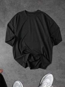 BATMAN X SHEIN Sport MetroGents Camiseta deportiva de manga corta con estampado de letras para hombre, gimnasio - Negro - Ver 2
