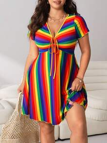 SHEIN EZwear 大码女式彩色条纹系带短袖连衣裙 - 彩色 - 查看 3