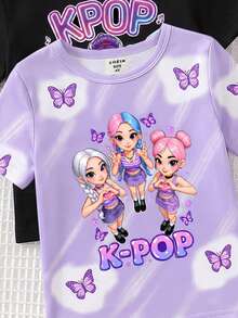 【5套随机发货，送2套】女童K-POP偶像风可爱粉紫黑圆领短袖短裤针织面料柔软弹力贴身四件套睡衣，适合夏季休闲穿着 - 紫色 - 查看 3