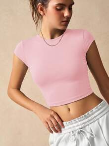 VARSIVA Áo tank top thể thao mùa hè ngắn, ôm sát, cổ tròn, không tay, khoét lỗ, màu trơn - Hồng - Xem 5