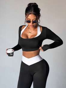 WanderVale Women's Sports Yoga Outdoor Gym Workout Set, 2 In 1 Contrast Color Long Sleeve Tight T-Shirt, Contrast Color V-Waist Tight Flare Pants Workout Two Piece Set - Black - View 6
