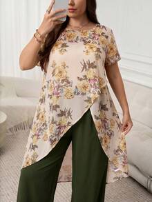 SHEIN LUNE Damen Große Größen Set aus Blumen-Langoberteil und weiter Hose, Lässig 2-Teiler - Verschiedenfarbig - Übersicht 5