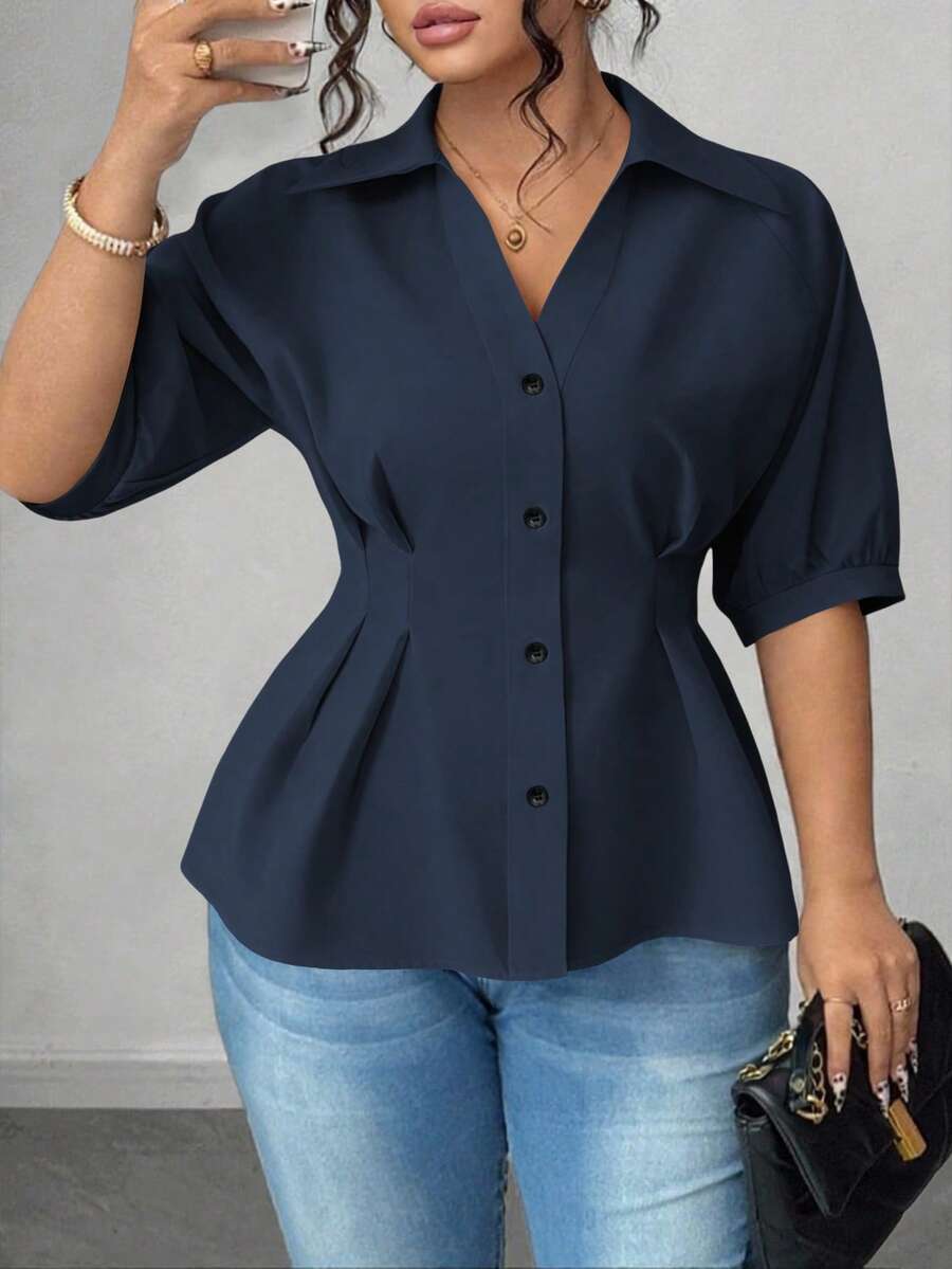 Elenzga Plus Size Women's Solid Color Fashionable Office Short Sleeve Blouse - Navy Blue - View 1
