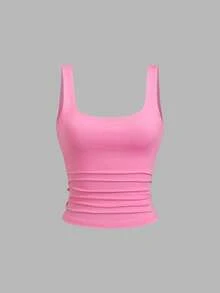 Sweetra Áo tank top cổ tròn xếp ly dáng rộng dành cho nữ, thích hợp mặc mùa hè. - Nhiều màu - Xem 3